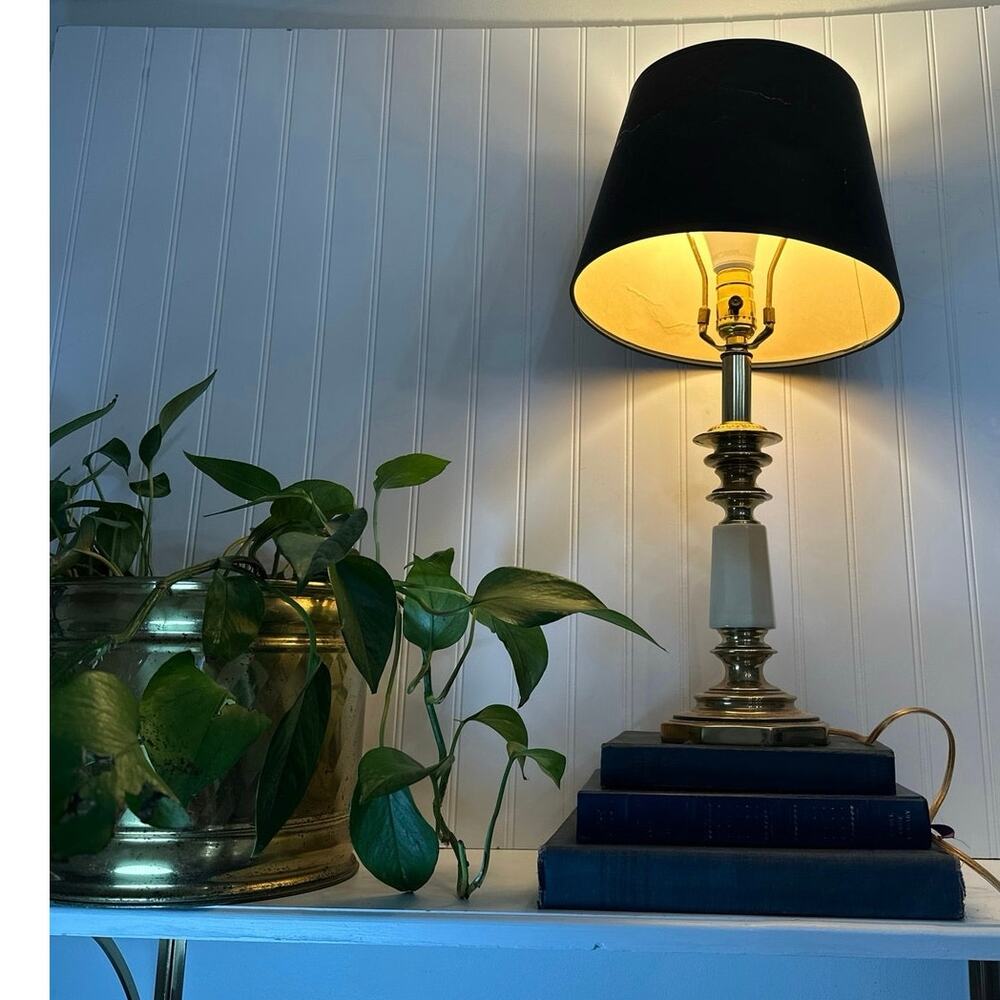 Vintage Leviton USA Cream Enamel Octagonal Heavy Brass Table Lamp Black Shade